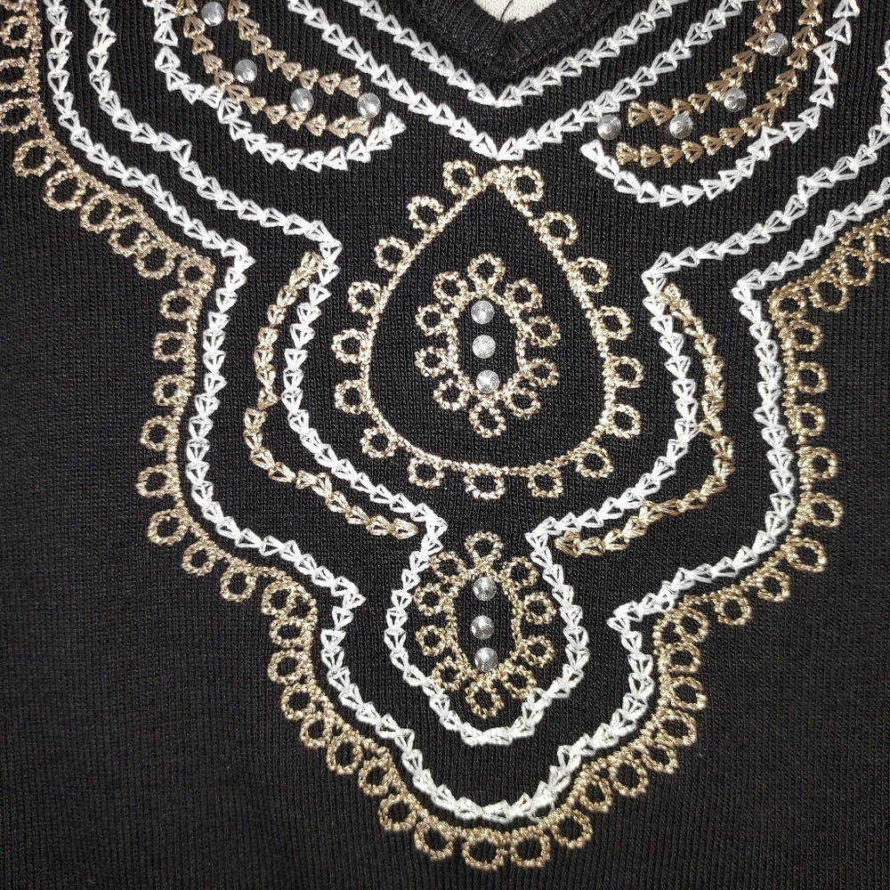 Karen Scott Black Embroidered Tribal Design 3/4 Sleeve Bib Top Size Large - Picture 3 of 6